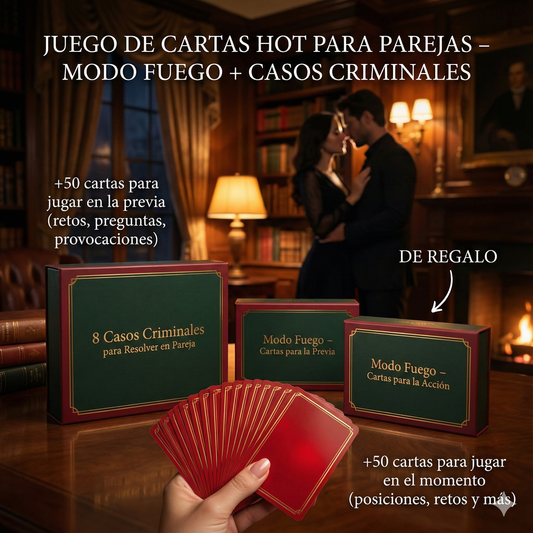 Juegos 10×1 para Parejas - Cartas para la previa + cartas para la acción Modo Fuego + 8 juegos de investigación con casos criminales REALES.